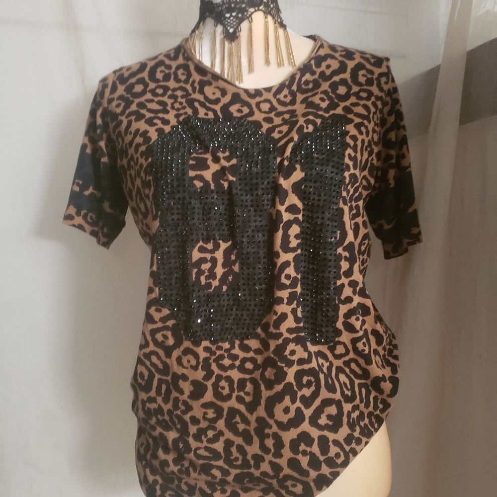 Guess Leopard Print "81" Stamped Tunic short sleeve  XSmall Preloved Viintage - Picture 6 of 16